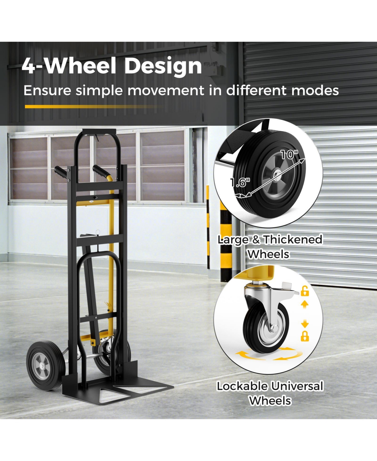 Sugift 3-in-1 Convertible Hand Truck Metal Dolly Cart with 4 Rubber Wheels for Transport-Black