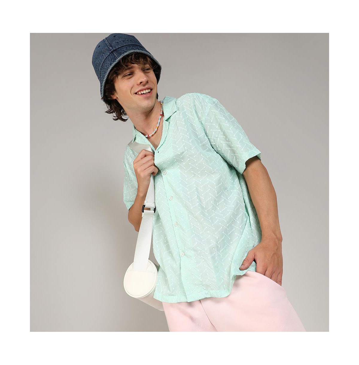 Campus Sutra Men's MintEmbroidered Zig-Zag Shirt - Green