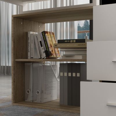 55.1 in. L-Shaped Brown Wood Computer Desk Writing Desk Office Executive Desk W/Removable Tabletop, Shelves, 3-Drawers