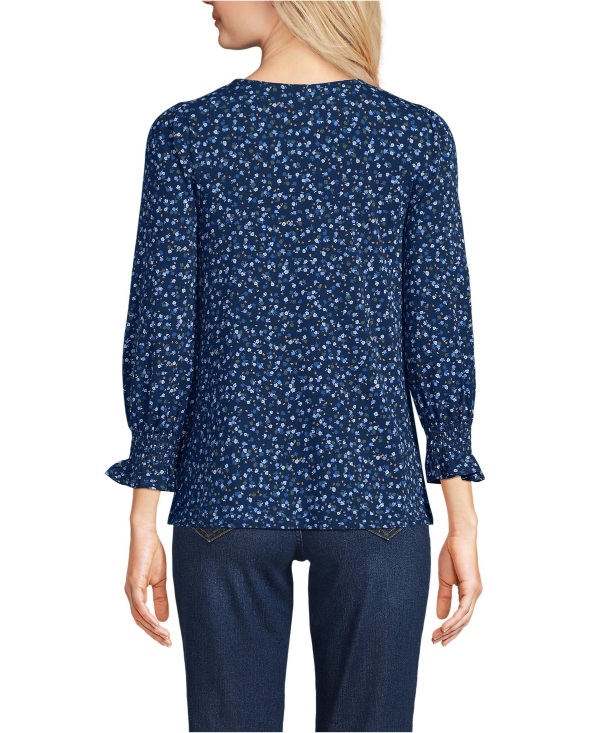 Lands' End Women's Petite 3/4 Sleeve Lightweight Jersey Button Front Top -blue ditsy bloom