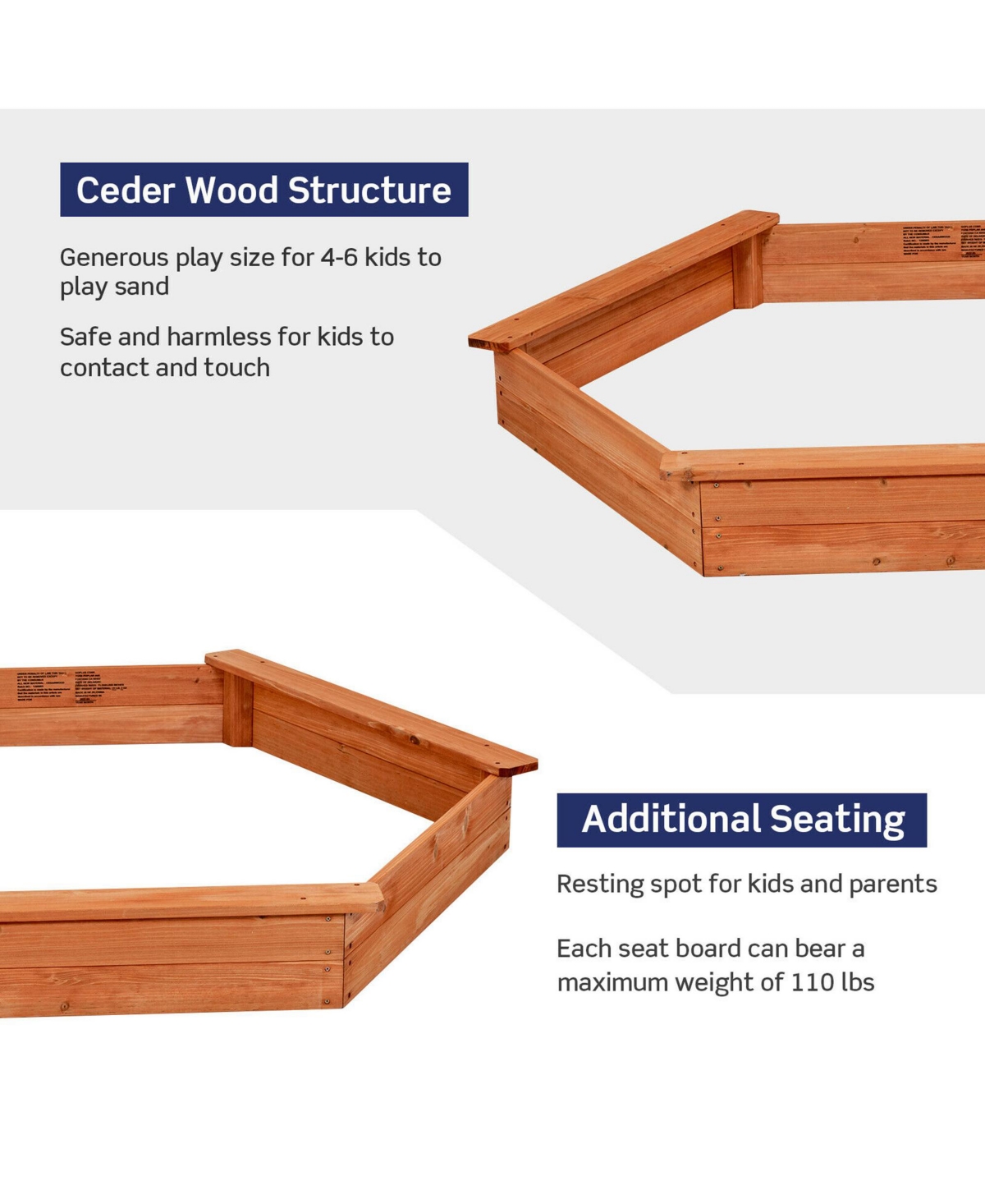 Costway Hexagon Wooden Cedar Sand Box w Seat Boards & Cover & Ground Liner