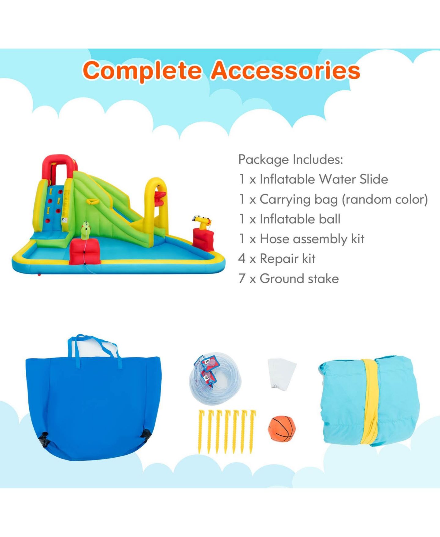 Детская игрушка INOLAIT Inflatable Splash Jump Slide Water Park with Climbing Wall, Splash Pool and Basketball Rim — фото 8