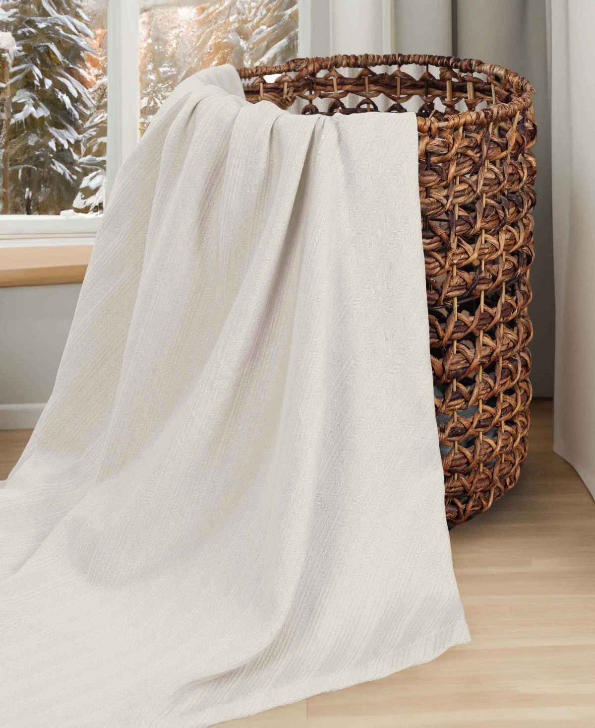 Superior Milan Cotton Jacquard Dobby Weave Textured Striped Lightweight Woven Blanket, California King In Ivory