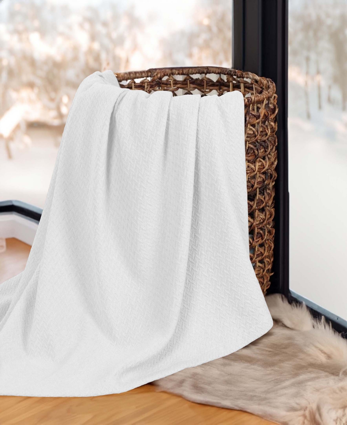 Superior Nobel Cotton Jacquard Dobby Weave Textured Chevron Lightweight Woven Throw, 50" X 60" In White