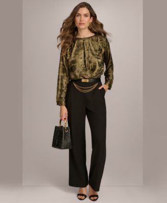 Donna Karan Metallic Faux Wrap Top Chain Belt Pants In Black