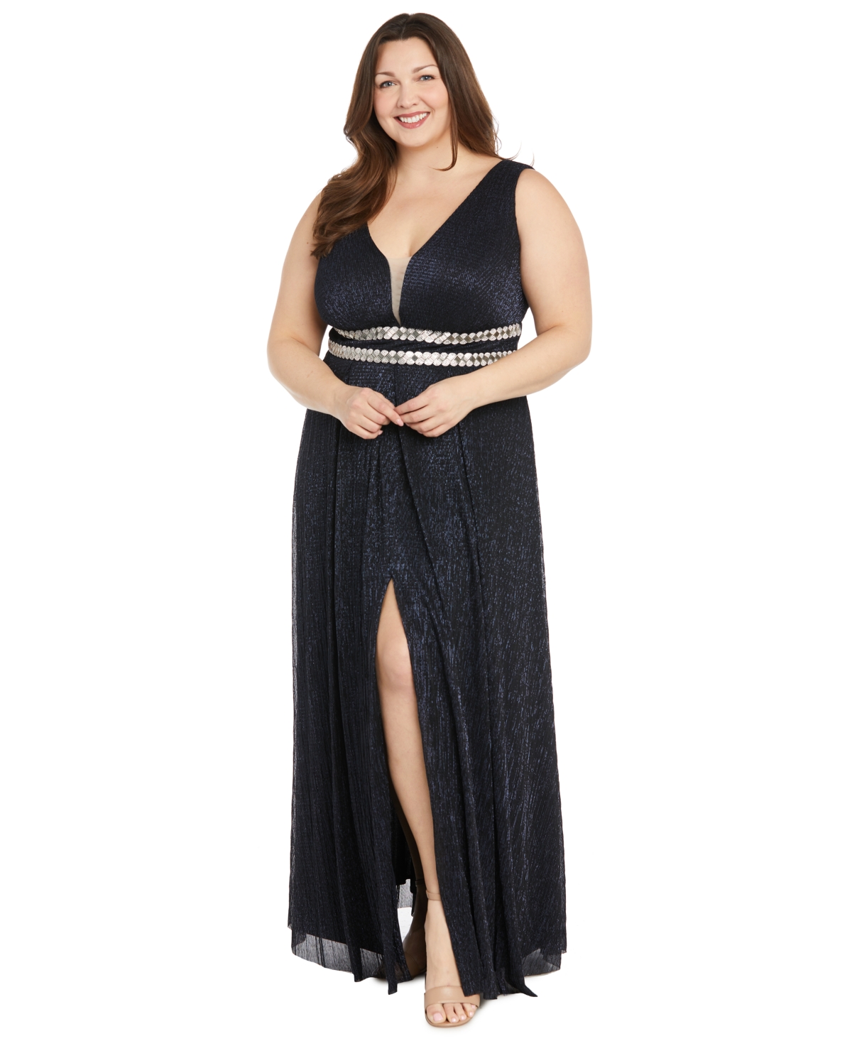 R & M Richards Plus Size Metallic Beaded-waist Gown In Navy