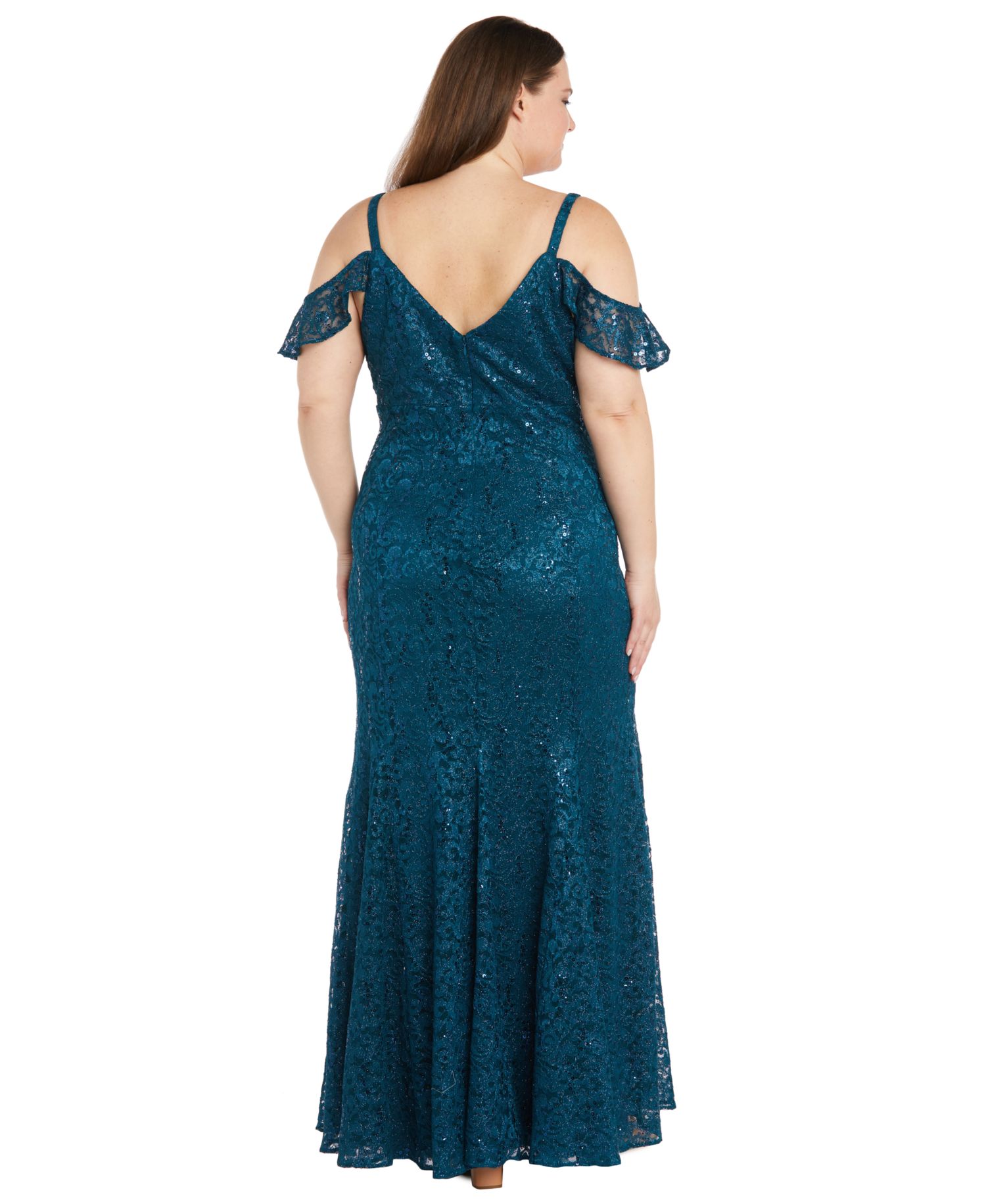 Plus Size Sequin Lace Cold-Shoulder Gown