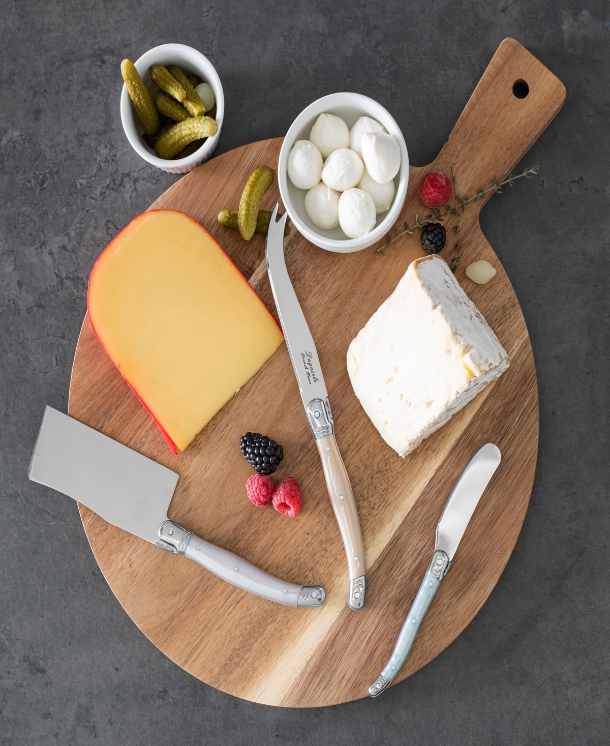 French Home Laguiole Cheese 3-piece Knife Set With Mother Of Pearl Handles In Tan,blue,white