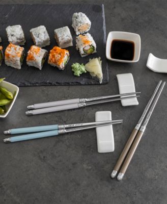 Mother of Pearl Chopsticks, Ceramic Rests and Sauce Bowls, Set of 4 Pairs