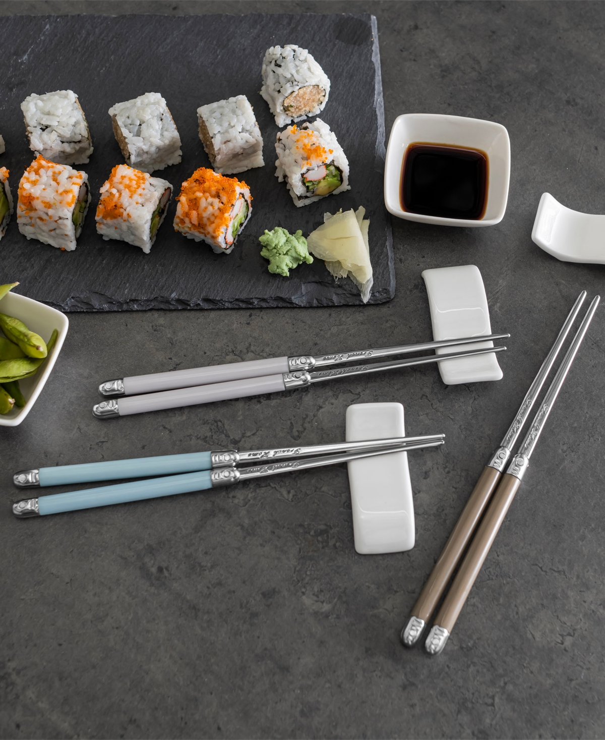 French Home Mother Of Pearl Chopsticks, Ceramic Rests And Sauce Bowls, Set Of 4 Pairs In Gray,blue,green