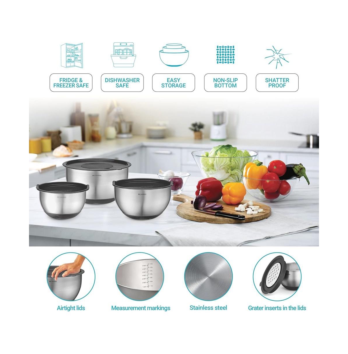Belwares Mixing Bowls with Lids - Nesting Bowls with Airtight Lids + Graters - Stainless Steel Non-Slip Mixing Bowl for Baking