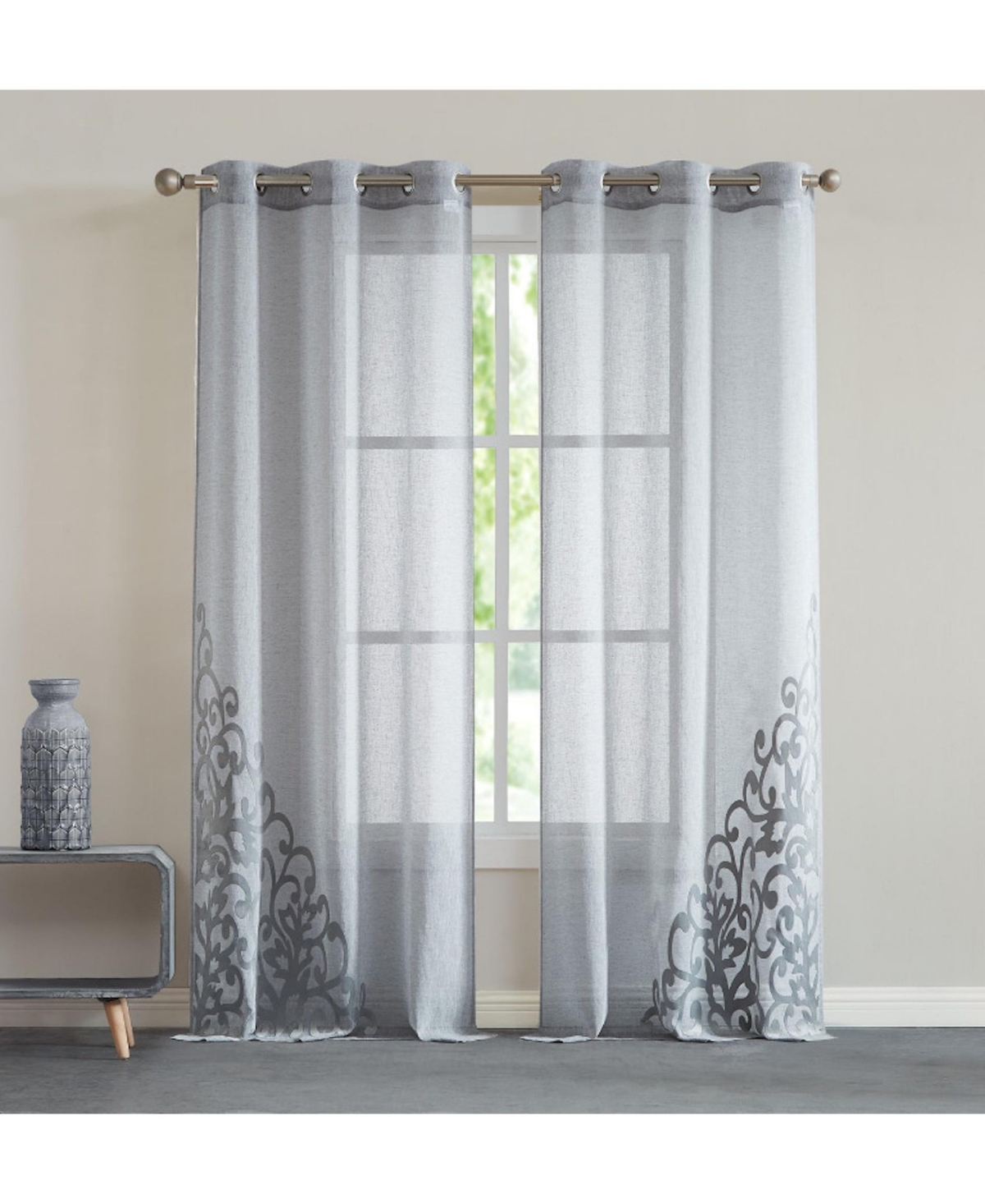 Natalie Linen Textured With 3D Velvet Scroll Design Light Filtering Window Panel Set, 76" W x 84" L - Silver