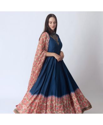 Women's Blue Anarkali Suit with Hand Embroidery on the Torso and Patola Print on the Hem