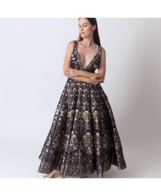 Women's Blue and Gold Brocade Gown