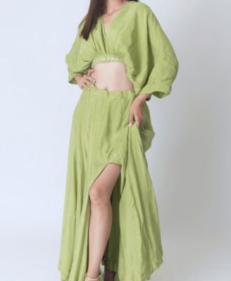 Women's Green Silk Co-Ord Set with Flowing Skirt with Slit and Crop Top with Dolman Sleeves