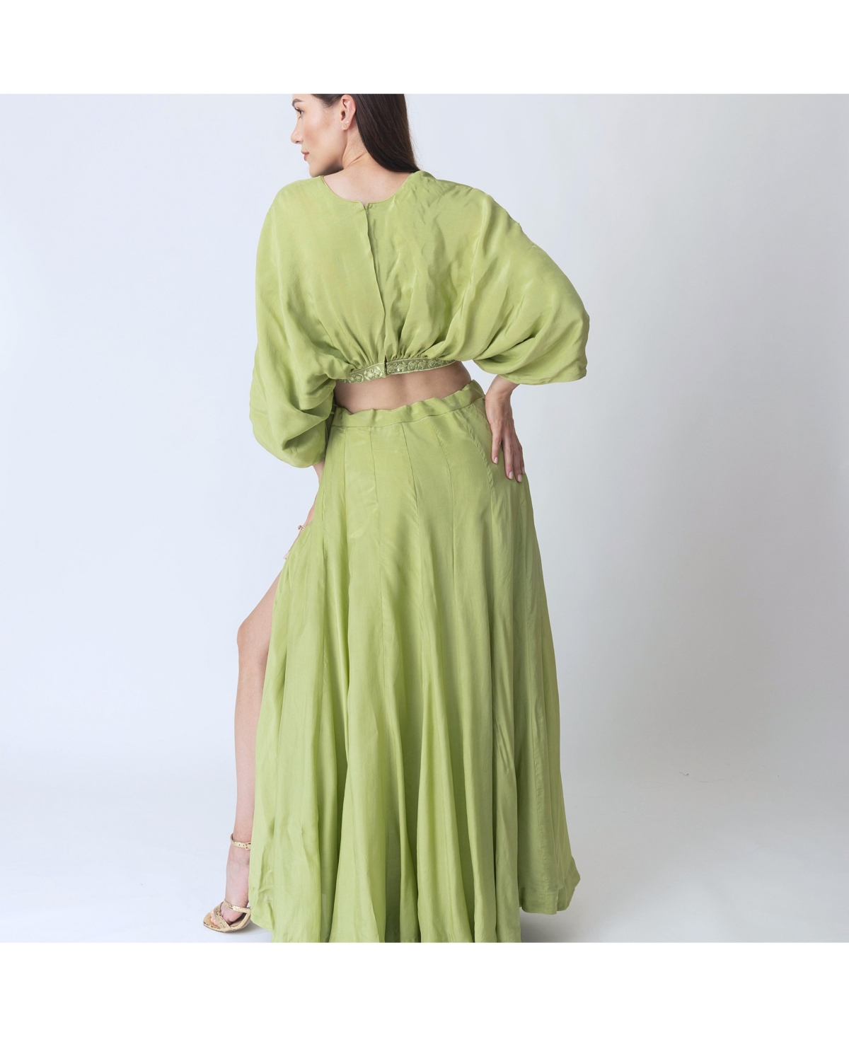 Raas Women's Green Silk Co-Ord Set with Flowing Skirt Slit and Crop Top Dolman Sleeves
