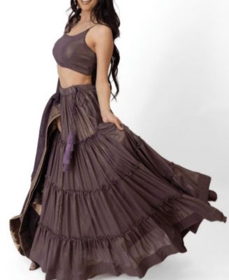 Women's Brownish Purple Shimmer Tiered Lehenga Choli with Golden Accents