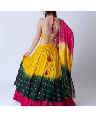 Women's Multicolor Lehenga Choli with Off Shoulder Blouse and Layered Lehenga