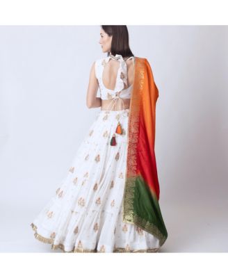Women's White Lehenga With Embroidered High Neck Choli and Multicolor Dupatta