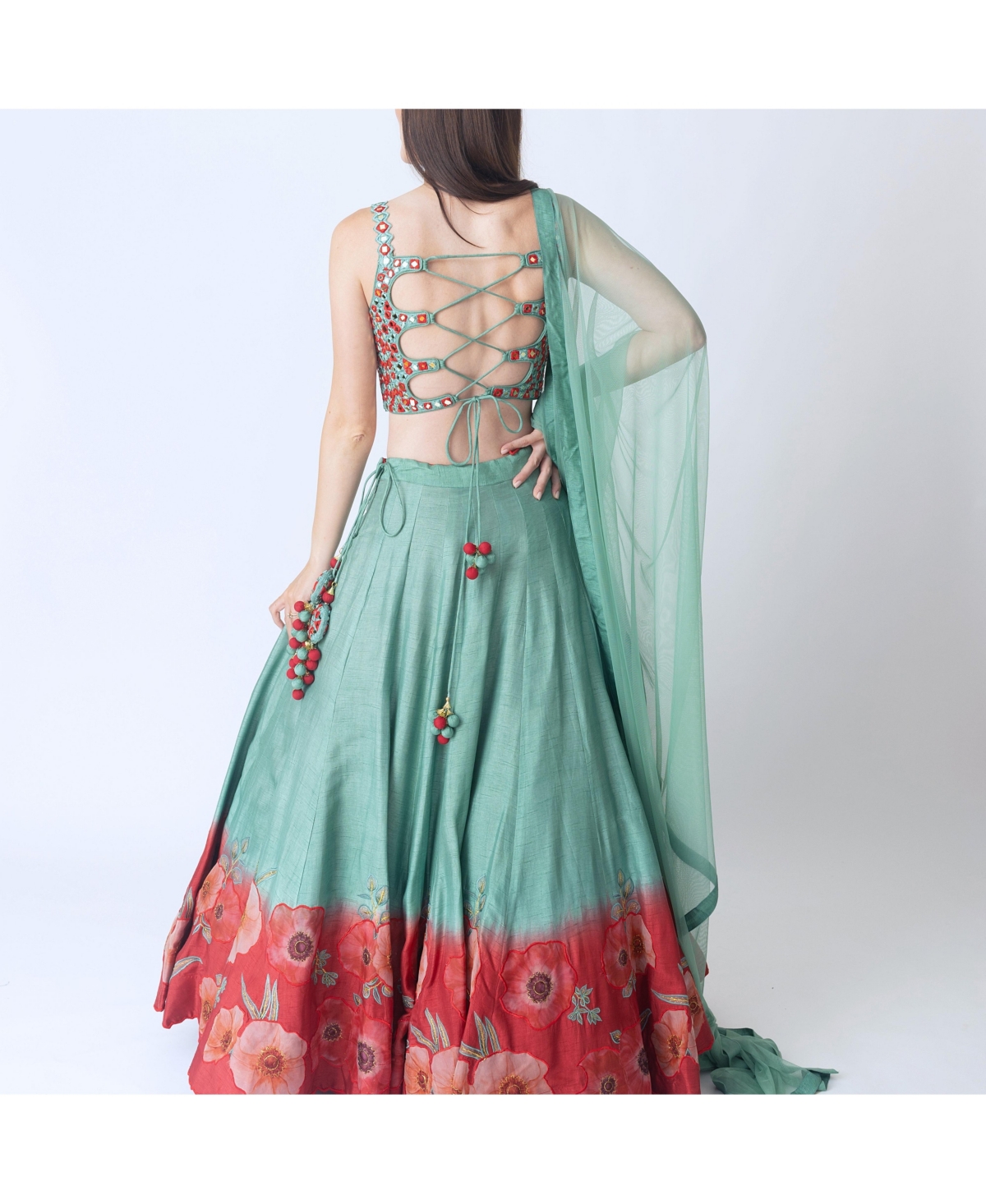 Raas Women'sLehenga Choli Set with Shaded Floral Patchwork Skirt and Mirror Work Blouse - Mint green