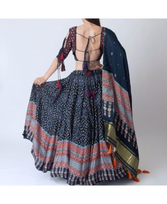 Women's Bandhani Print Lace Up Detail Chaniya Choli with Embroidered Blouse and Dupatta