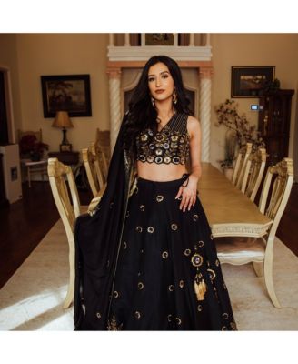 Women's Blue and Gold Hand Embroidered Raw Silk Lehenga Choli