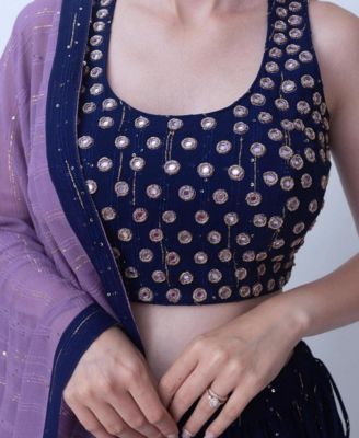 Women's Navy Blue Lehenga Choli Set with Tiered Skirt and Mirror Work Blouse