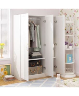 White 3-Doors Armoires Wardrobe with Hanging Rod and Storage Cubes