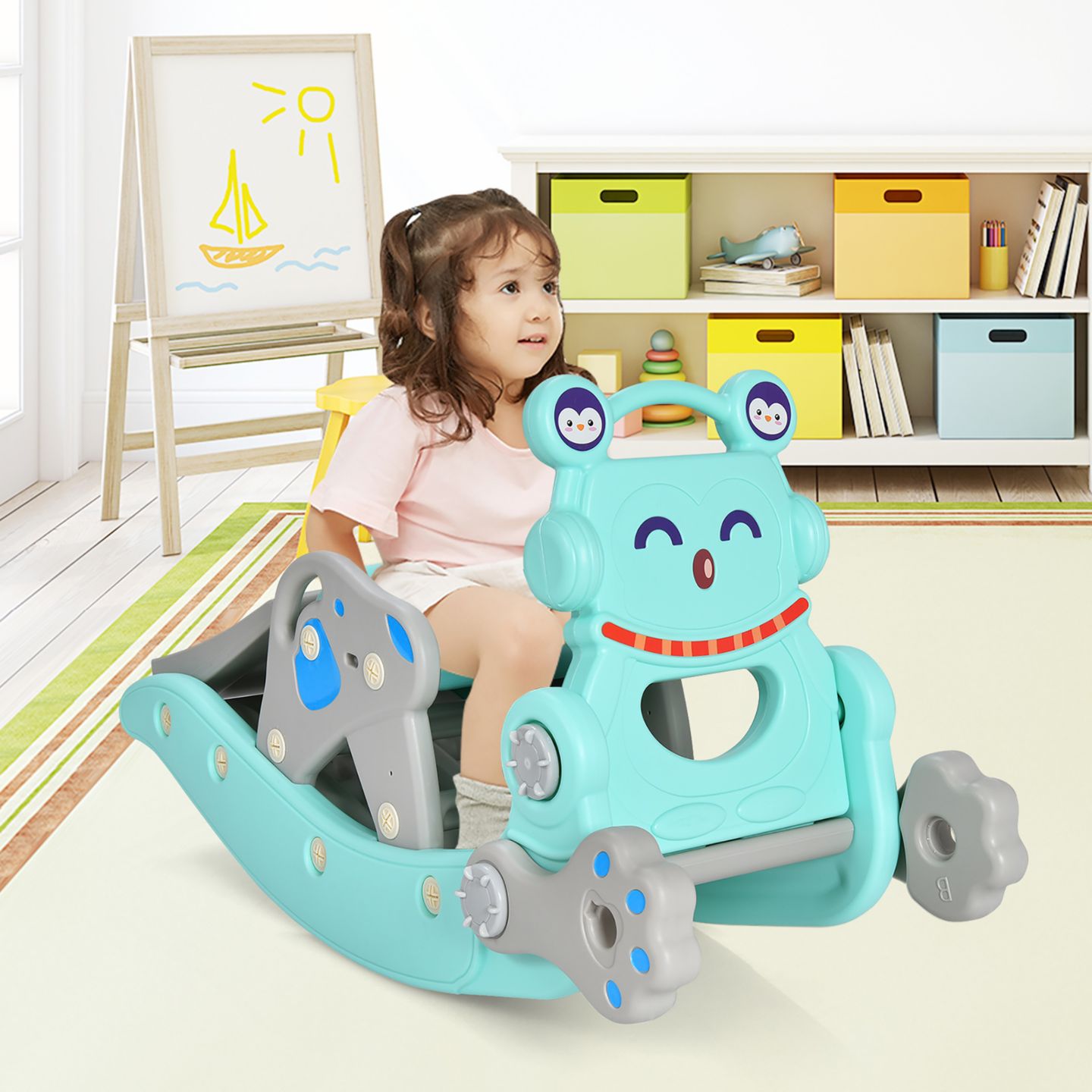 Детские игрушки Costway 4-in-1 Rocking Horse & Slide Set, Hdpe, with Basketball Hoop and Ring Toss, Ages 1-5, цвет: Синий — фото 3
