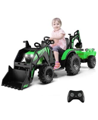 3-in-1 Kids Ride On Excavator Bulldozer 12V Electric Tractor Remote w/ Trailer Yellow