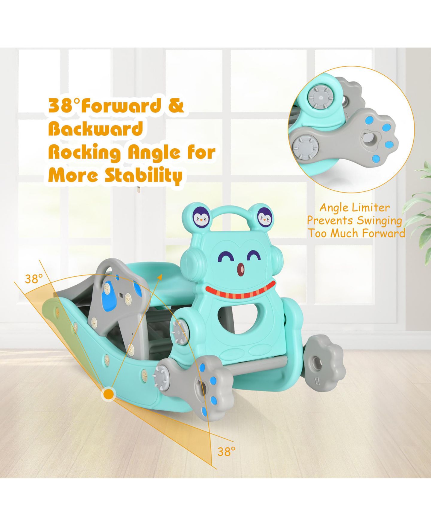 Детские игрушки Costway 4-in-1 Rocking Horse & Slide Set, Hdpe, with Basketball Hoop and Ring Toss, Ages 1-5, цвет: Синий — фото 10