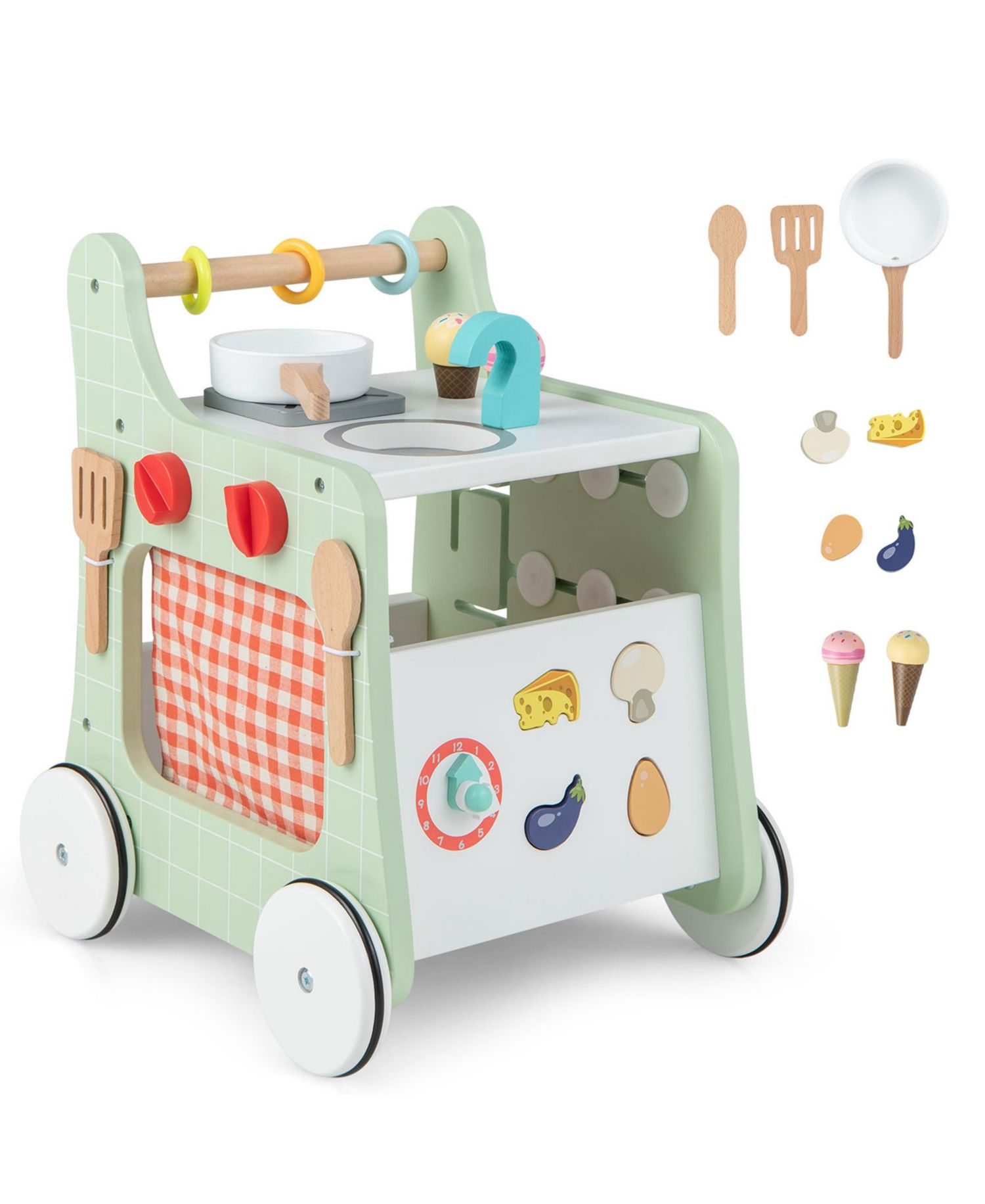 6-in-1 Baby Push Walker Wooden Strollers Activity Center Toy with