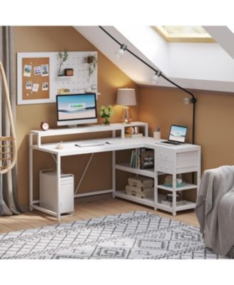 55-inches Reversible L Shaped Desk with Drawer, Modern White L Corner Desk Home Office Table, Wooden and Metal PC Desk