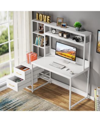 55 Inch Computer Desk with 2 Drawers and Storage Shelves, Rustic Office Desk with Hutch, Study Writing Gaming Table Laptop Workstation