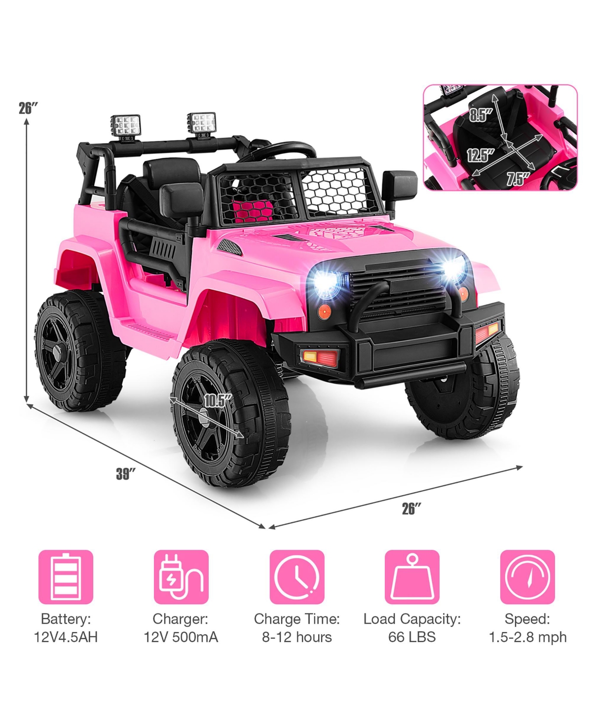 Gymax 12V Kids Ride On Truck Car Electric Vehicle Remote w/ Music & Light Pink - Pink+black