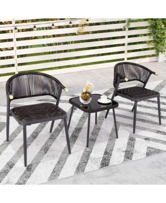 3 PCS Patio Rattan Furniture Set with Tempered Glass Tabletop Wicker Seat