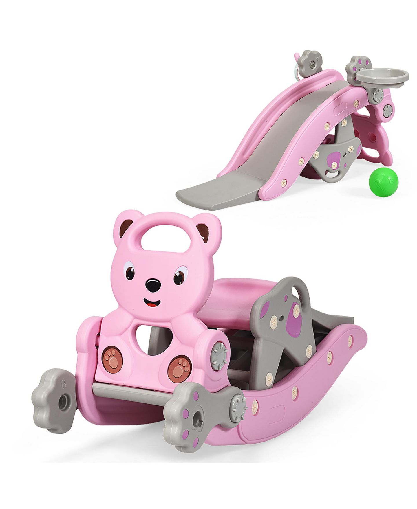 Детские игрушки Costway 4-in-1 Rocking Horse Slide Set with Basketball Hoop and Ring Game, 132 lbs., Ages 1-5, цвет: Розовый — фото 1