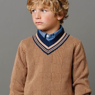 Boys Organic Long Sleeve V-Neck Intarsia Cricket Sweater