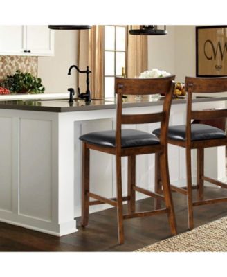 2 Pieces Counter Height Chair Set with Leather Seat and Rubber Wood Legs