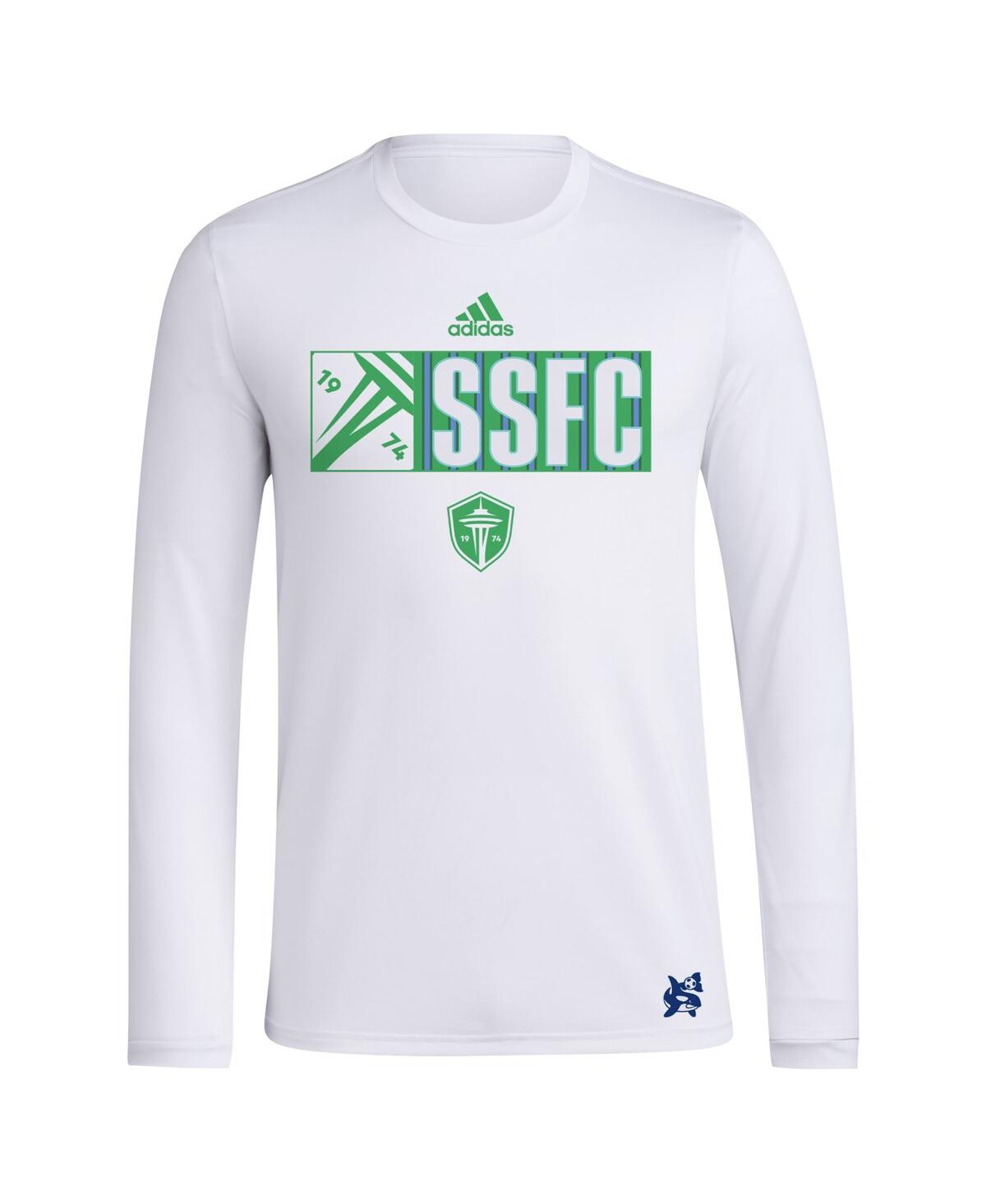 ADIDAS ORIGINALS MEN'S WHITE SEATTLE SOUNDERS FC 2024 JERSEY HOOK AEROREADY LONG SLEEVE T-SHIRT