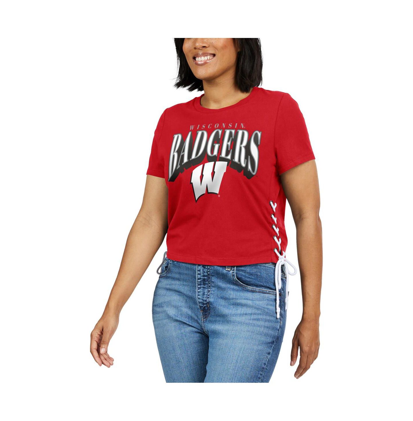 Женская футболка WEAR by Erin Andrews Red Wisconsin Badgers Side Lace-Up Modest Crop — фото 4