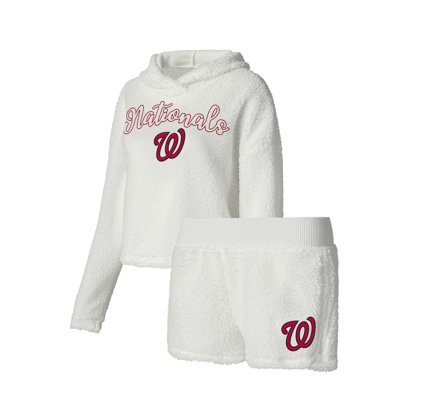 Women's Cream Washington Nationals Fluffy Hoodie Top Shorts Sleep Set