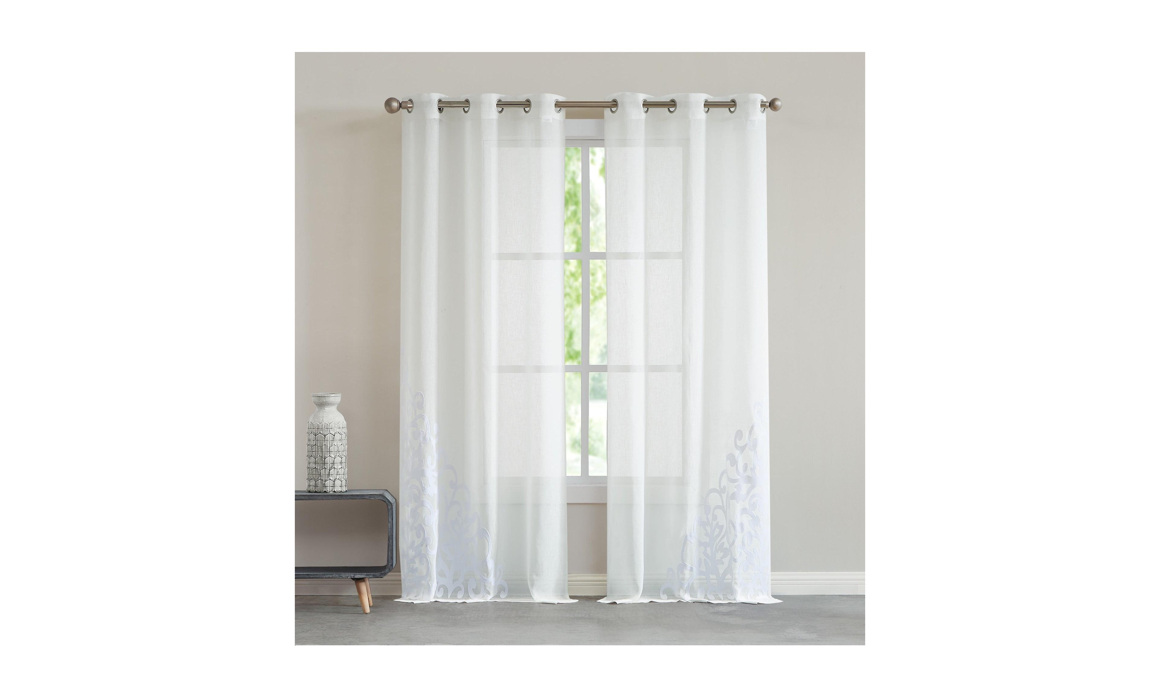 Natalie Linen Textured With 3D Velvet Scroll Design Light Filtering Window Panel Set, 76" W x 84" L