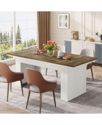 63" Farmhouse Dining Table for 4-6 People, Rectangle Kitchen Table Dining Room Table, Wood Family Dinner Table, Brown and White