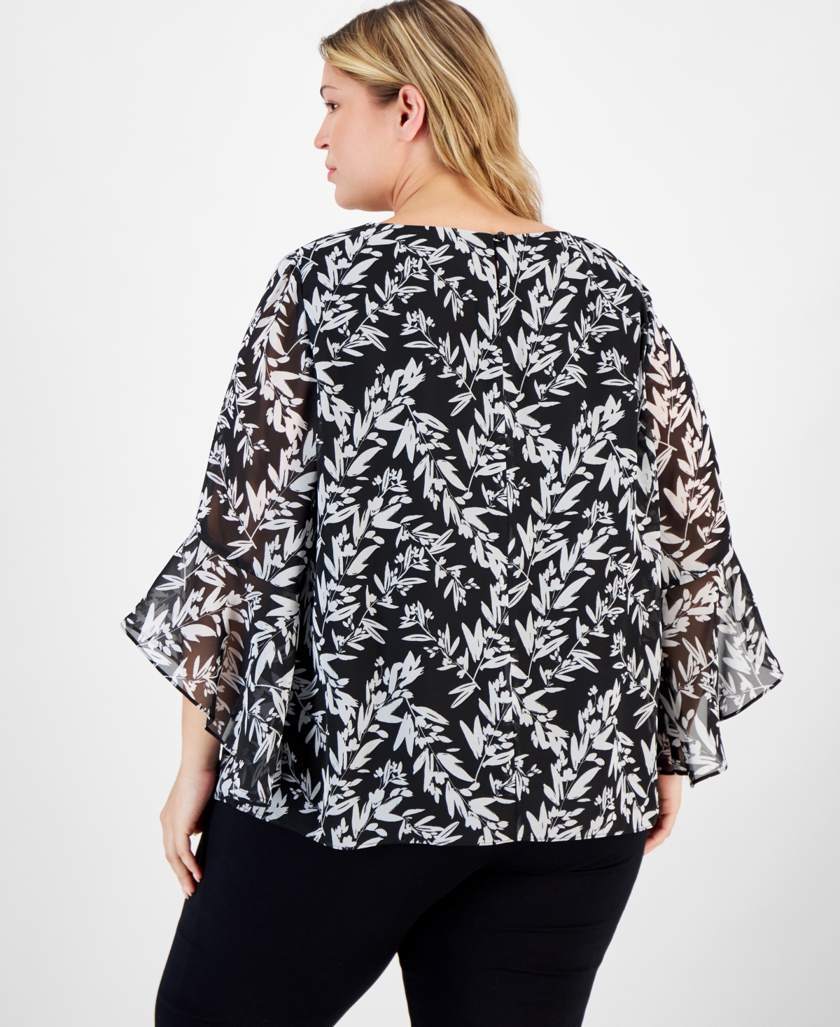 Kasper Plus Size Printed Crewneck Ruffle-Sleeve Blouse -vanilla Ice Mlt
