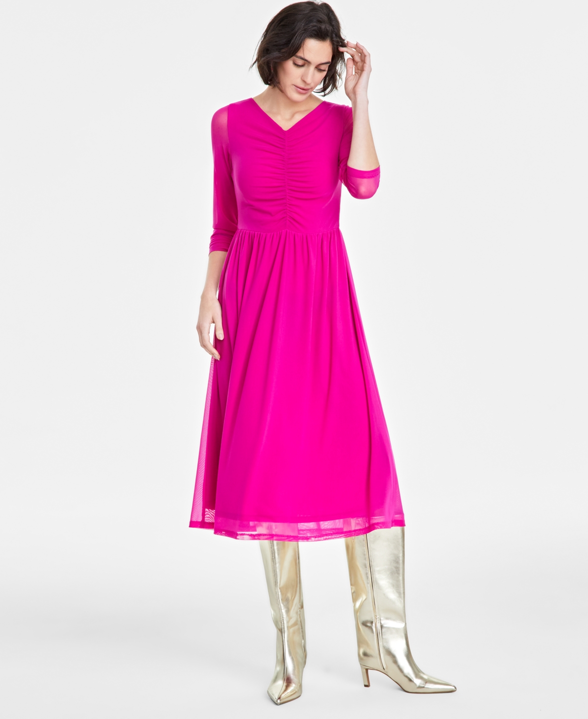 On 34th Women's Ruched-mesh Midi Dress, Created For Macy's In Magenta Mo
