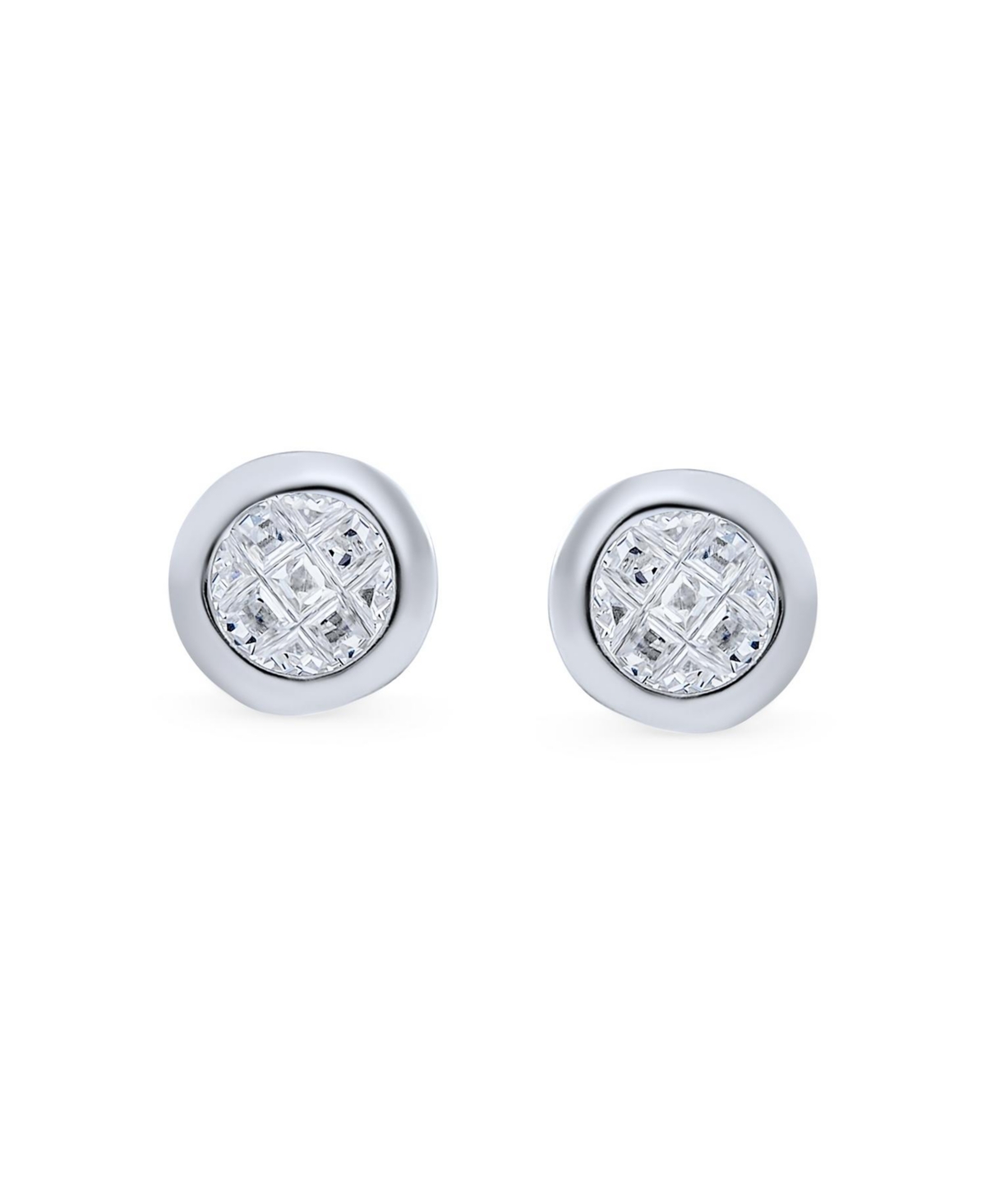 Bling Jewelry Geometric Round Cz Cubic Zirconia Bezel Set Checkboard Invisible Cut Stud Earrings Sterling- Silver