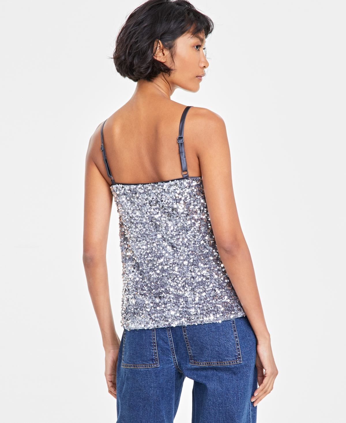 On 34th Women's Sequined Skinny-strap Square-neck Tank Top, Created For Macy's In Shark Fin