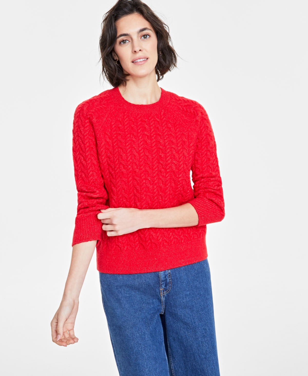 Women's Cozy Cable-Knit Crewneck Sweater, Created for Macy's - Chili Red