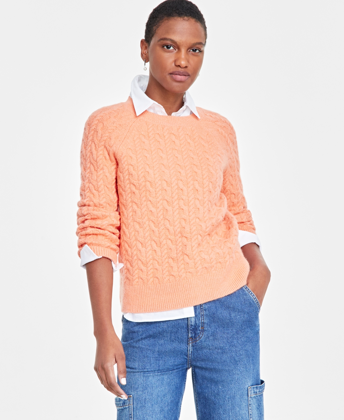 Women's Cozy Cable-Knit Crewneck Sweater, Created for Macy's - Melon Ball